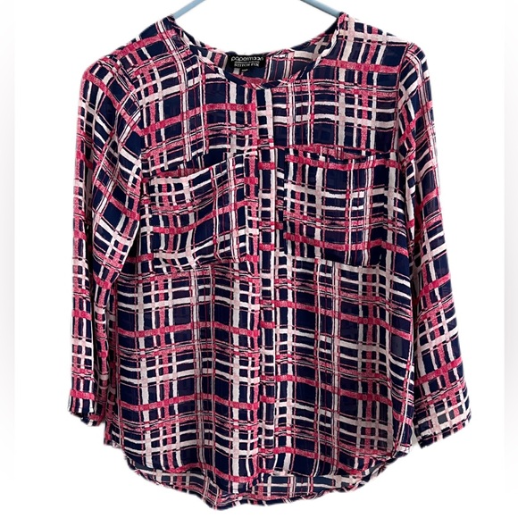 PaperMoon Stitch Fix XSP Navy pink pullover semi sheer, pockets, roll sleeve EUC - Picture 1 of 8